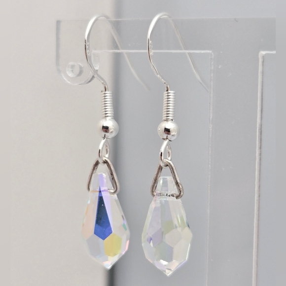Aurora Borealis Crystal Drop Earrings Iridescent AB Dangle Petite - Picture 5 of 6